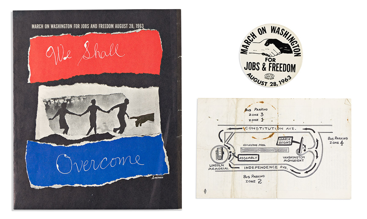 (CIVIL RIGHTS.) Group of 3 items from the March on Washington including Lo Monaco portfolio, pinback, and program.